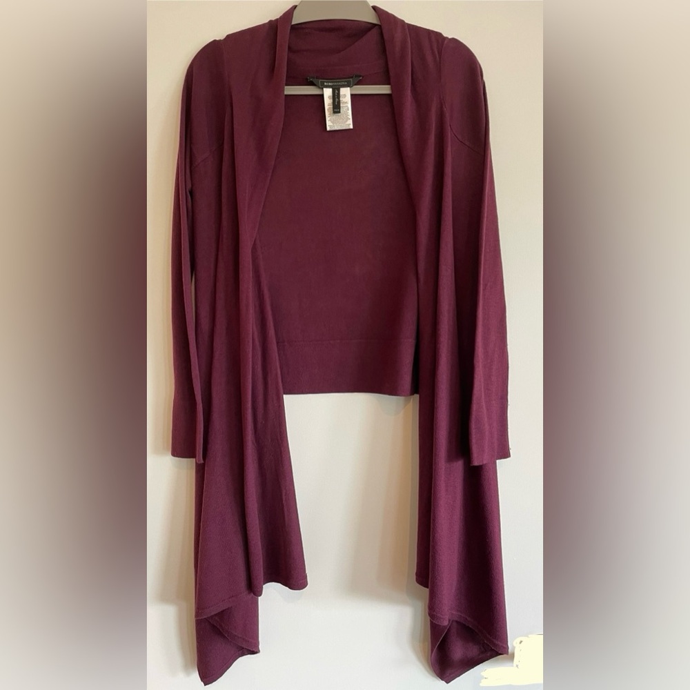 BCBGMaxAzria burgundy cascade cardigan, size S/XS